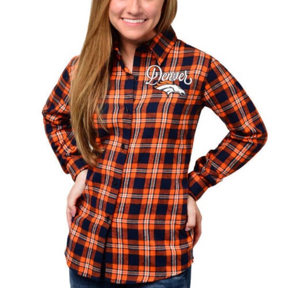 Women's Denver Broncos Orange Wordmark Flannel Button-Up Long Sleeve Shirt - Picture 1 of 2